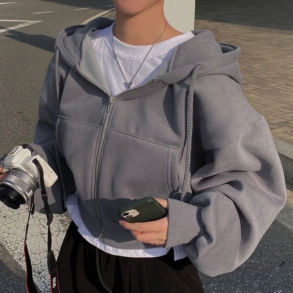 Women Hoodies Retro Solid Color Zip Up Oversized Sweatshirts Harajuku Carousel 1