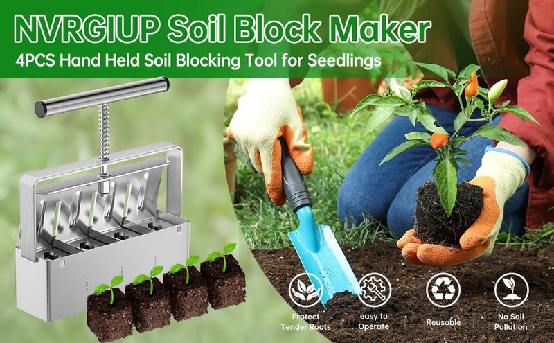 Soil Blocker,4 Cell Soil Block Maker 2 Inch with 3 Sizes Seed Pins,Seed Handheld Carousel 2
