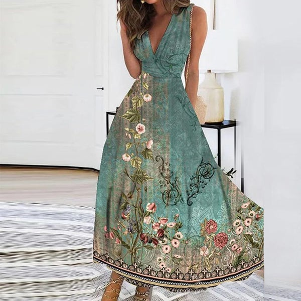 Women Elegant Party V-neck Long Dress Sleeveless Floral Printed Sexy Carousel 1