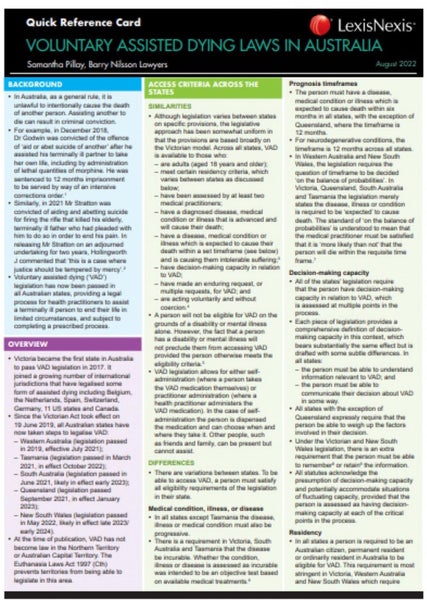 Quick Reference Card: Voluntary Assisted Dying Laws In Australia by B. Nillson - Carousel 1