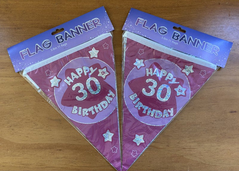 Birthday Banner- Happy 30th Birthday Pink (Set of 2) Carousel 1