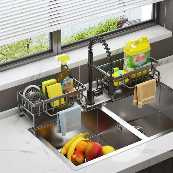 Sink Caddy Sponge Drain Rack With Dishcloth Holder Stainless Steel Storage Rack Carousel 1