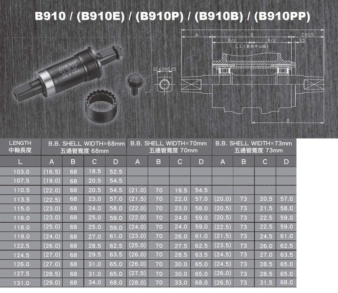 Bicycle Bottom Bracket - Neco B910 68mm BC1.37 * 24T 119mm JIS Square Taper Carousel 8