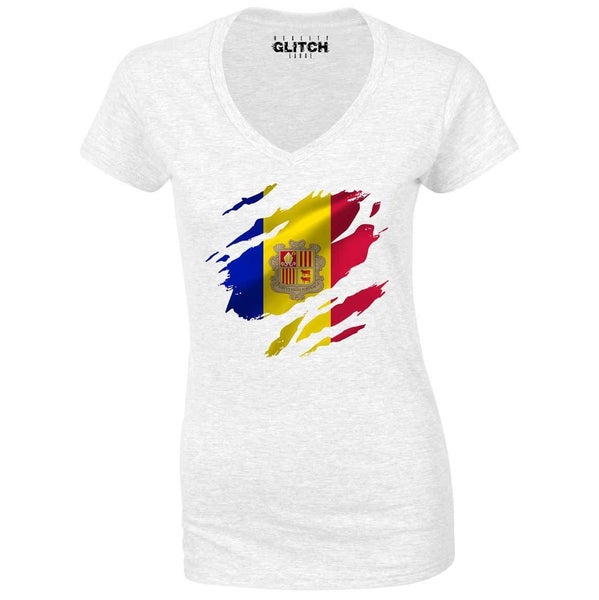 Reality Glitch Torn Andorra Flag Womens T-Shirt - V-Neck Carousel 1