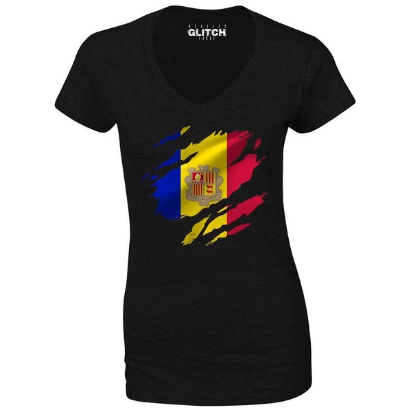 Reality Glitch Torn Andorra Flag Womens T-Shirt - V-Neck Carousel 2