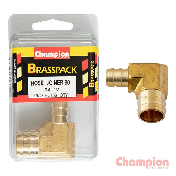 Champion Hose Joiner 90 deg Barb Elbow Reducer Brass 3/4-1/2 Carousel 1