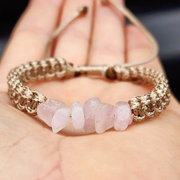 Natural Rose Quartz Chip Tan Macrame Bracelet Carousel 1