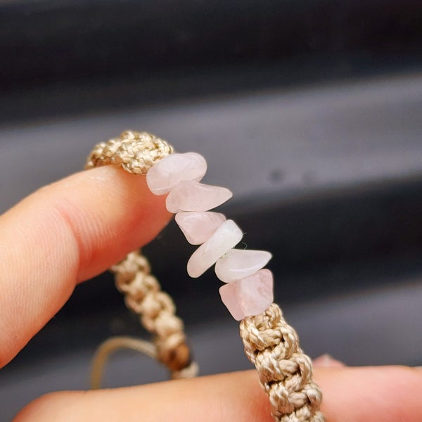 Natural Rose Quartz Chip Tan Macrame Bracelet Carousel 2