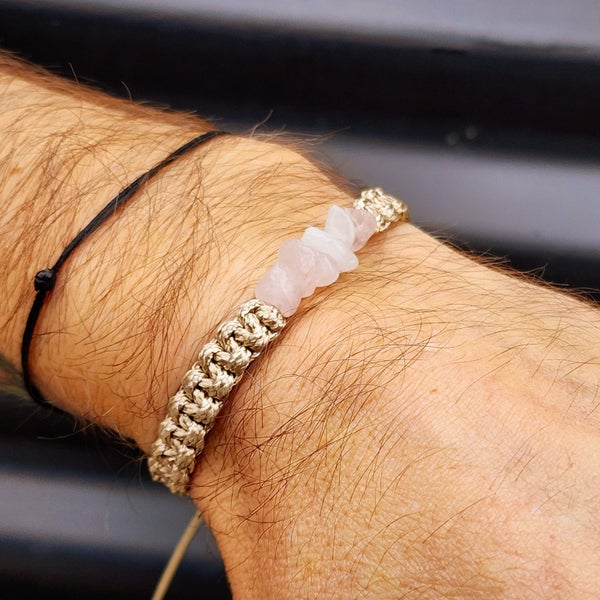 Natural Rose Quartz Chip Tan Macrame Bracelet Carousel 6