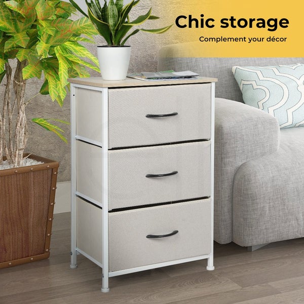 Levede Chest of 3 Drawers Bedside Table Storage Cabinet Tower Dresser Beige Carousel 2