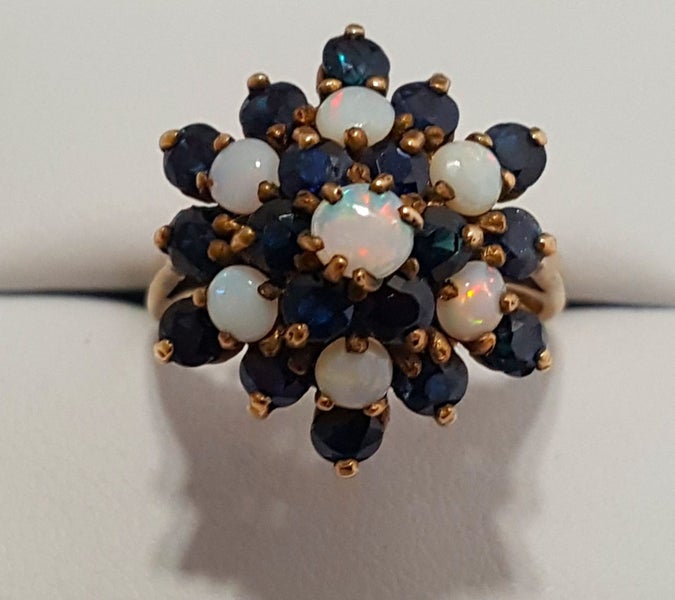 Gorgeous Vintage 9ct Gold 1.5 CT Crystal Opal & Sapphire Cluster Statement Ring Carousel 1