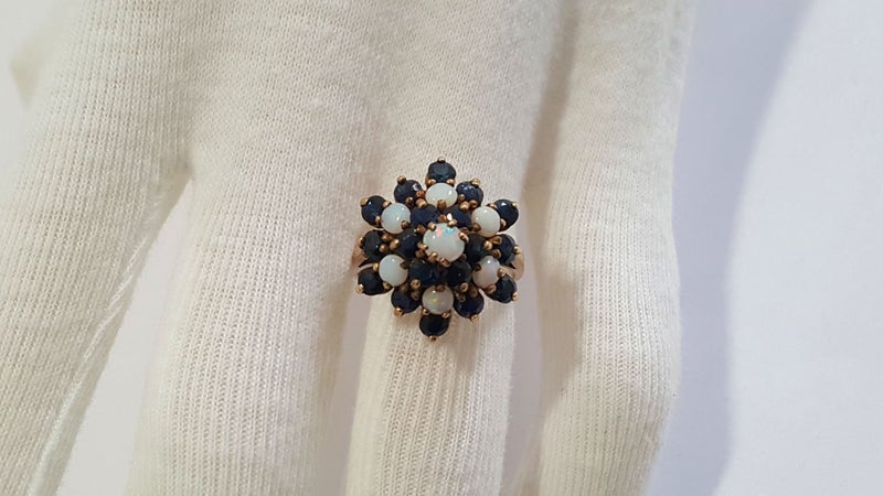 Gorgeous Vintage 9ct Gold 1.5 CT Crystal Opal & Sapphire Cluster Statement Ring Carousel 8