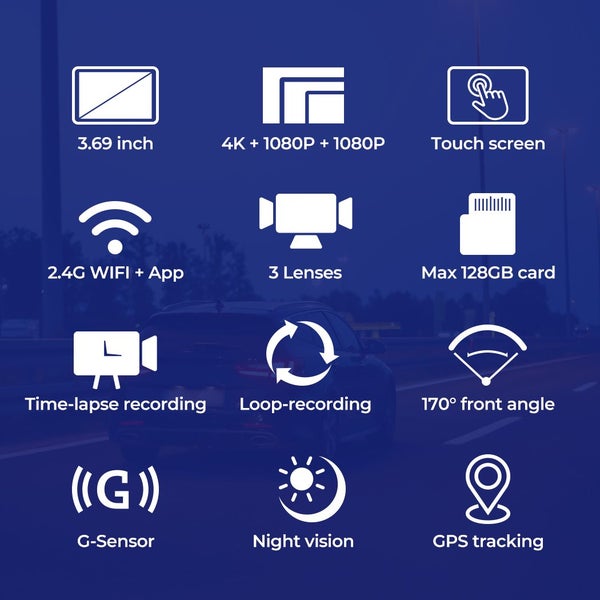 Manan 4K Dash Camera Front Rear Inside 3 Len Car Truck Reversing Wifi GPS 128G Carousel 2
