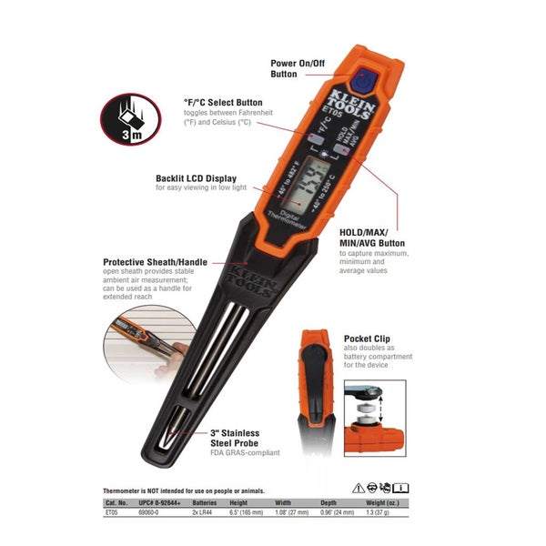 Klein Digital Pocket Thermometer -40 to 250 C Contact / Non-Contact Carousel 6