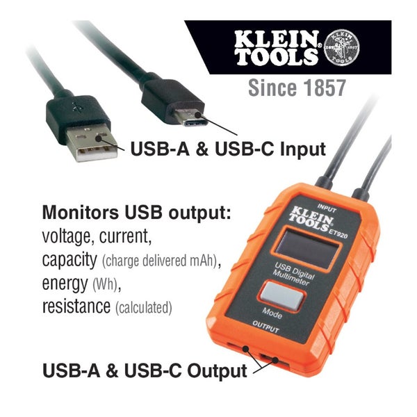 Klein USB Digital Meter USB-A USB-C LCD Display 3 - 20v DC Carousel 2