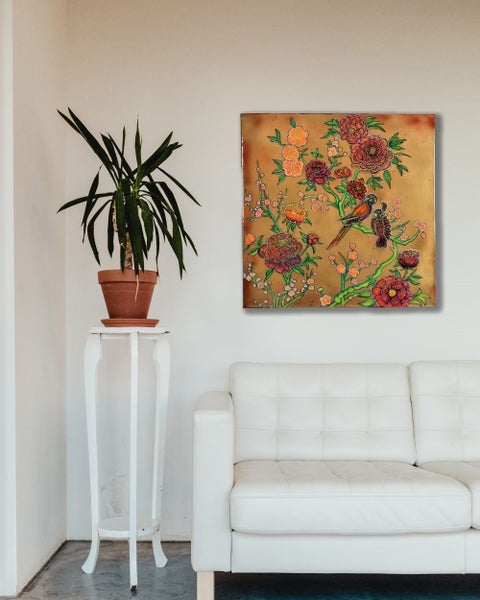 Birds Peony flowers Roses modern Chinoiserie Painting 51x51cm J Stirling Art NZ Carousel 1