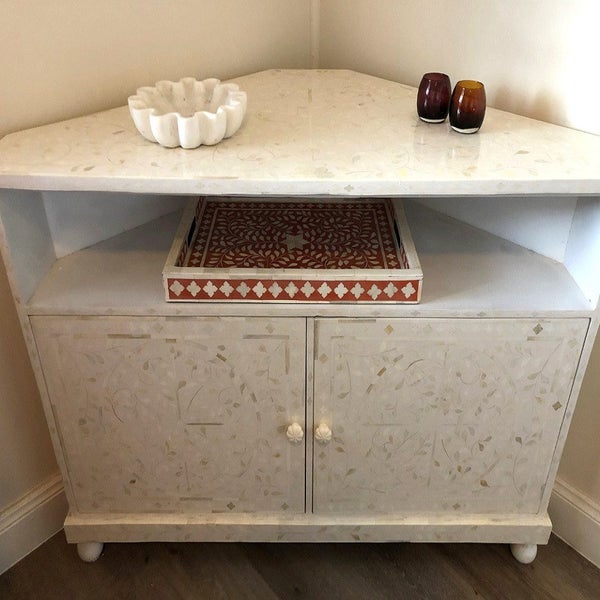 Bone Inlay Corner Cabinet in White - Warehouse Sale Carousel 1