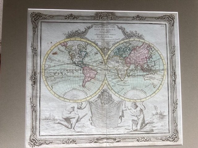 World map Brion de la Tour 1766. Original hand coloured engraving Carousel 1