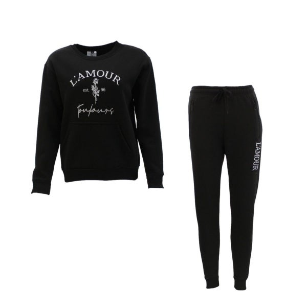 FIL Women's Fleece Tracksuit 2pc Set Loungewear L'Amour - Black Carousel 1
