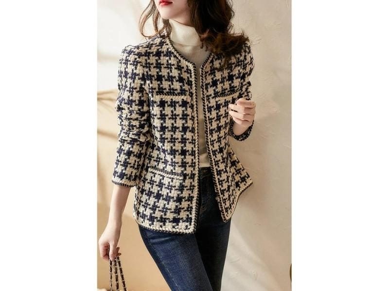 Women's Short Winter Spring Houndstooth Tweed Coat Jackets Carousel 2