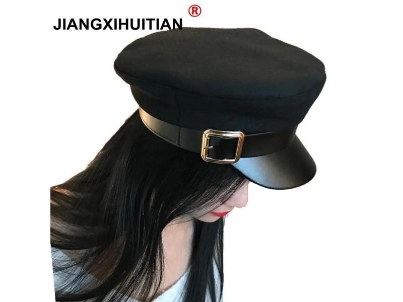 Fashion Wool Solid Visor Military Hat Autumn And Winter Vintage Patchwork PU Carousel 1