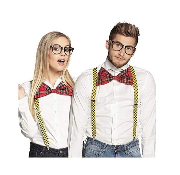 NERD COSTUME KIT Set Geek Glasses Fancy Dress Retro Funny Braces Bow Tie Party Carousel 1