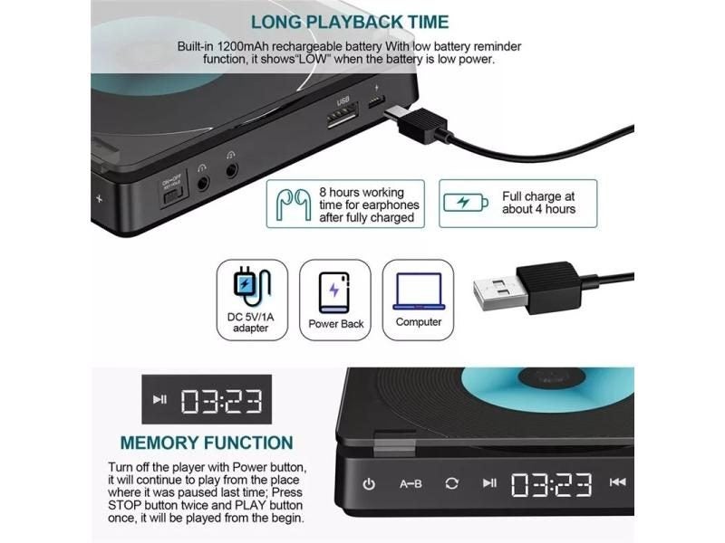 Retail Compact Rechargable CD Player With Touch Button Double Headphones Carousel 1