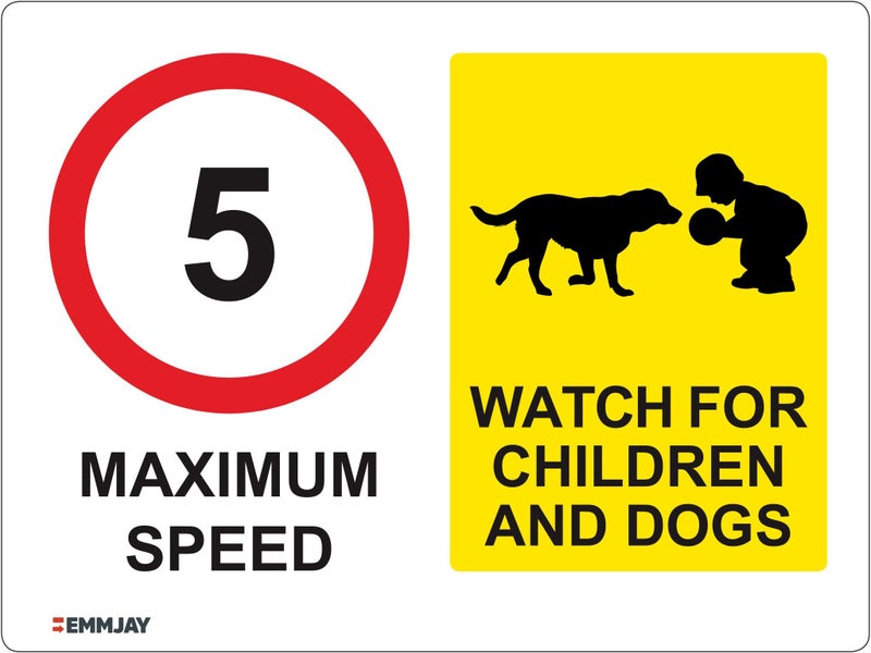 MAX SPEED 5KPH Watch for Children and Dogs Sign 400x300mm EM940 Carousel 1