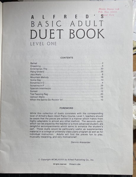 Alfred's Basic Adult Duet Book Level One Carousel 2