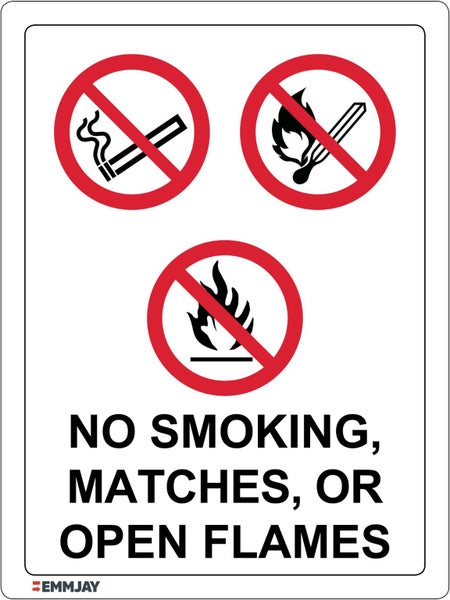 729 (1) EMMJAY- No Smoking, Matches, or Open Flames Sign 100x130mm label Carousel 1