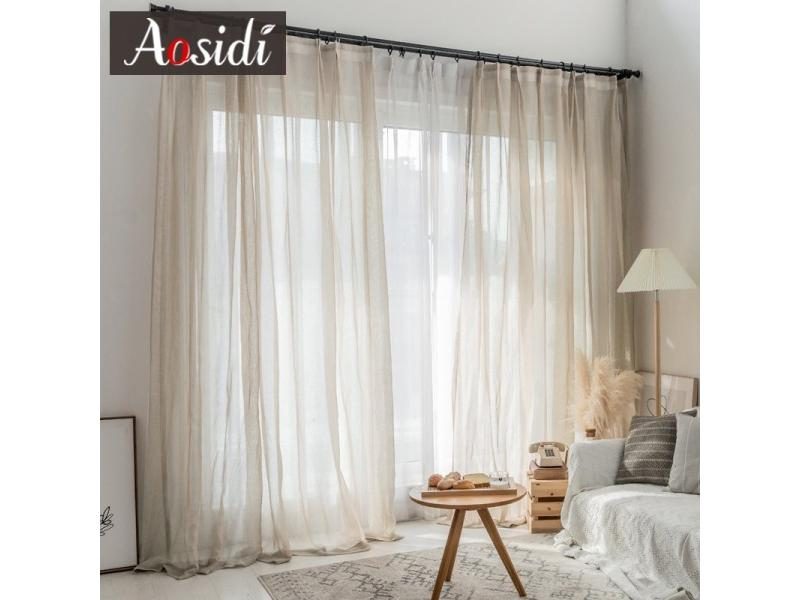 Beige Linen Tulle Curtains For Living Room Modern Flax Sheer Curtains For Carousel 2