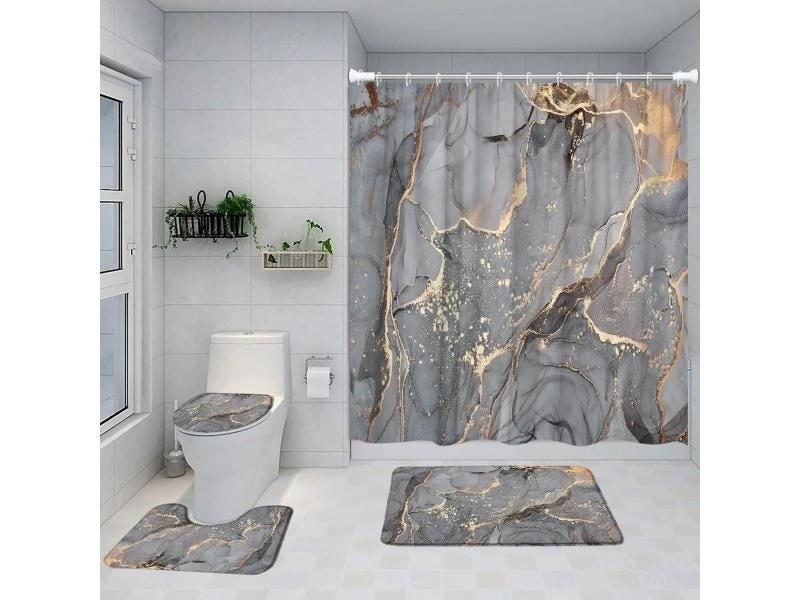 Gray Golden Crackle Marble Shower Curtain Non Slip Bath Mat Set Carousel 2