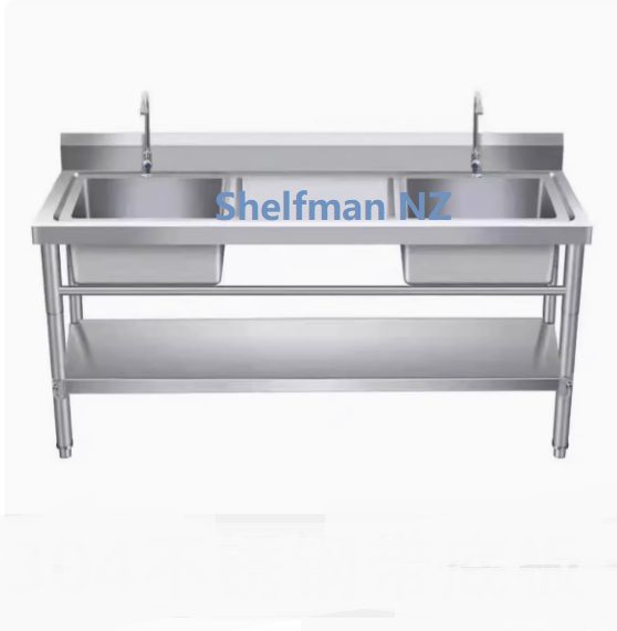 Stainless Steel Commercial Kitchen Worktop 2 Sink (L+R) Bench & Splashback 180cm Carousel 1