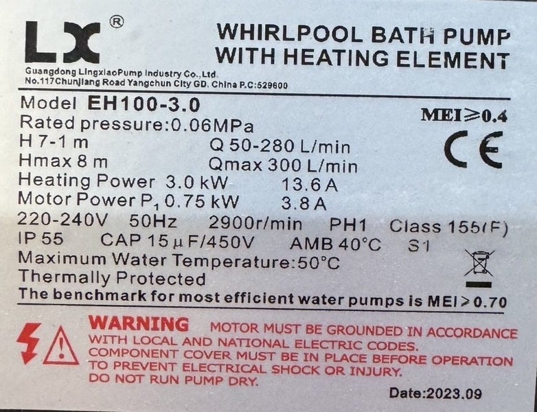 Wirlpool Bath Pump with Heating Element EH100 3kW Heater Carousel 2