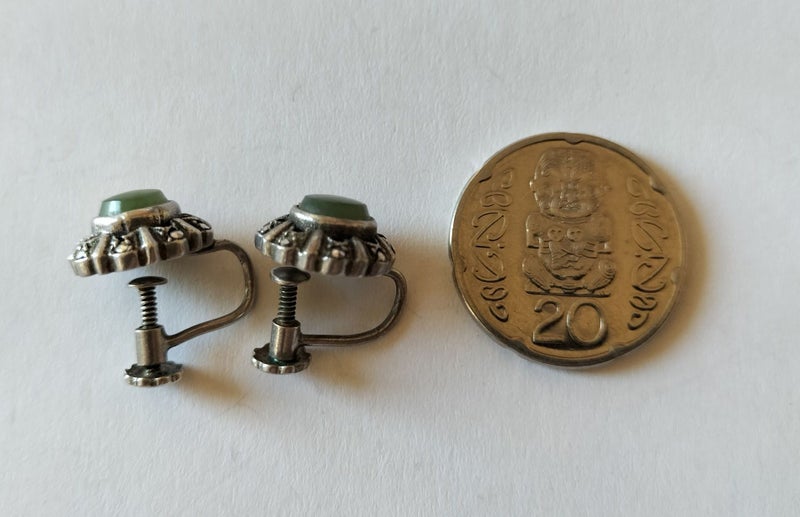 STERLING SILVER, MARCASITE & JADE VINTAGE EARRINGS Carousel 10