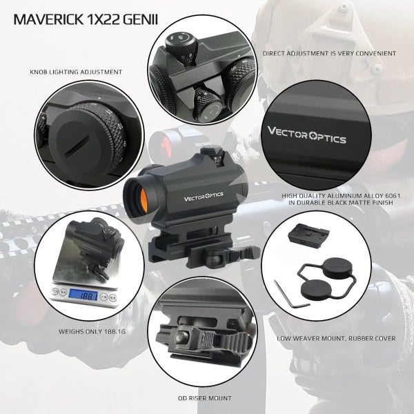 Vector Optics Maverick GenII 1x22 Red Dot Scope Sight Hunting Tactical Uncapped Carousel 2