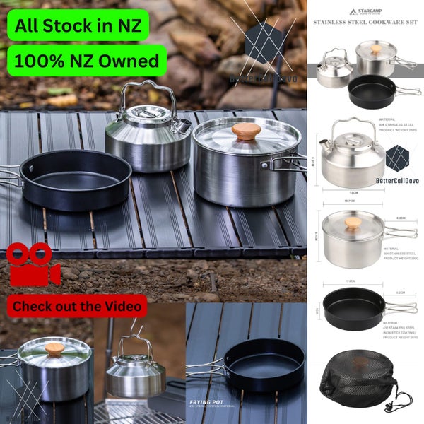 Cookware Set - Stainless Steel Mess Kit (Pot, Pan, Kettle) in a mesh carry bag. Carousel 1