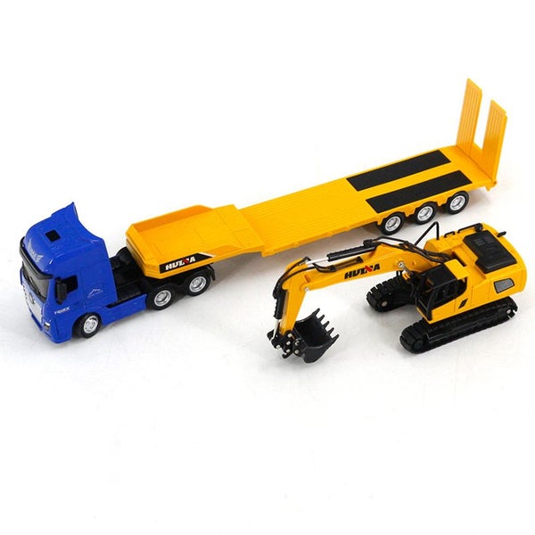 Die-cast Flatbed Truck with Digger (BLUE), 1:50, Metal, Huina 1729 Carousel 2