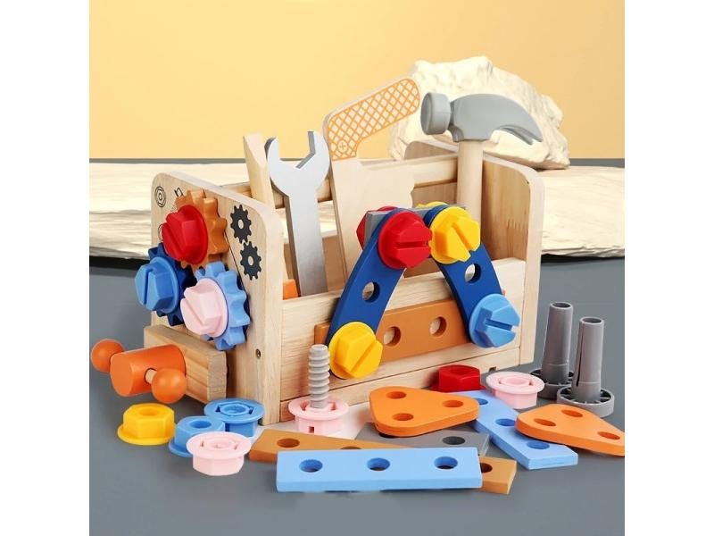 Kids Wooden Toolbox Pretend Play Set For Nut Screw Assembly Carousel 2