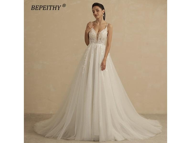 BEPEITHY Customized V Neck Spaghetti Straps A Line Lace Wedding Dresses For Carousel 1