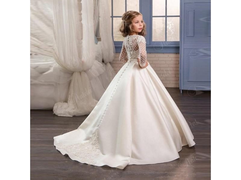 Satin Flower Girl Dresses With Pockets Toddlers Lace Sleeves Pageant First Carousel 1