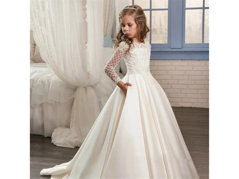Satin Flower Girl Dresses For Toddlers With Pockets And Lace Sleeves Carousel 1