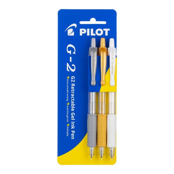 Pilot G2 Gel Fine Metallic Gold, Silver, White Pen, Pack of 3 Carousel 1