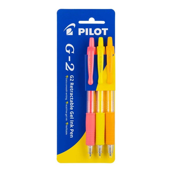 Pilot G2 Gel Fine Pen Neon Res, Yellow, Aprocot Orange, Pack of 3 Carousel 1