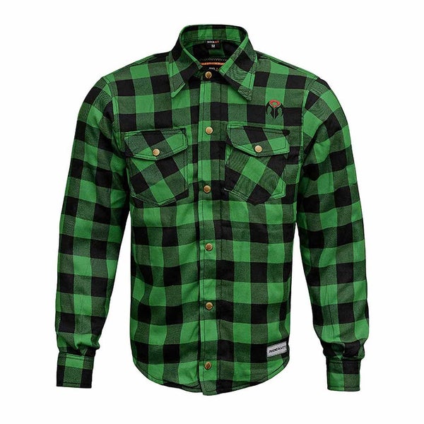 RIDERACT Motorcycle Touring Reinforced Flannel Shirt Road Series Green Men Wi... Carousel 1