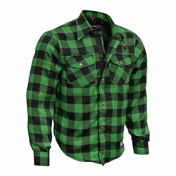 RIDERACT Motorcycle Touring Reinforced Flannel Shirt Road Series Green Men Wi... Carousel 2