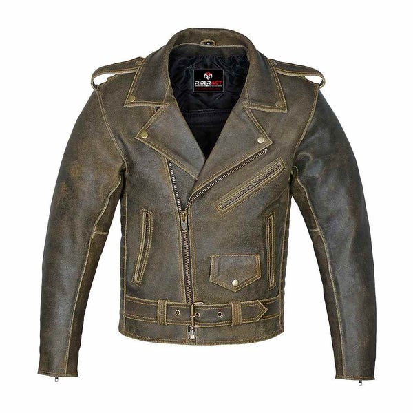 RIDERACT Mens Vintage Motorcycle Leather Jacket Brando Distressed Armored Carousel 1