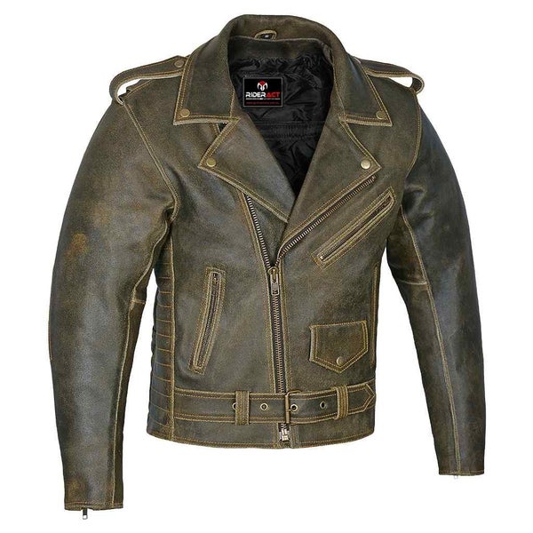 RIDERACT Mens Vintage Motorcycle Leather Jacket Brando Distressed Armored Carousel 2