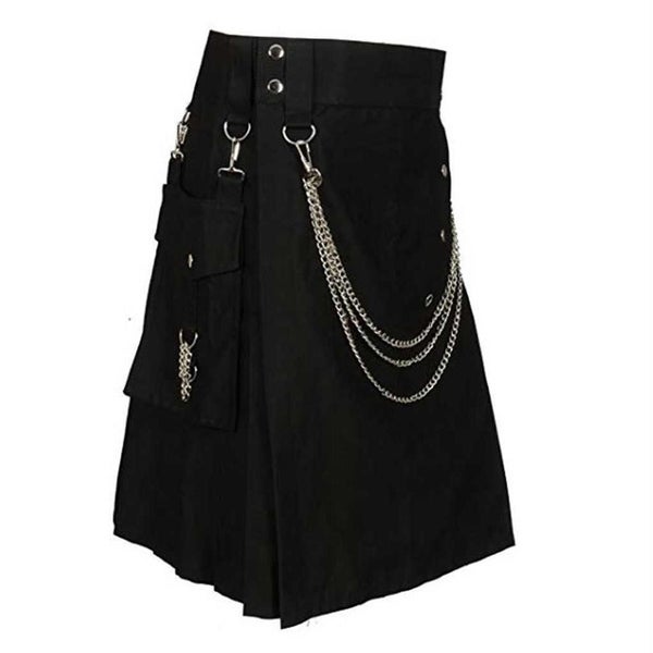 Mens Utility Kilt Chained Black Cargo Scotsman Kilt Outfit Scotland Modern Kilt Carousel 1