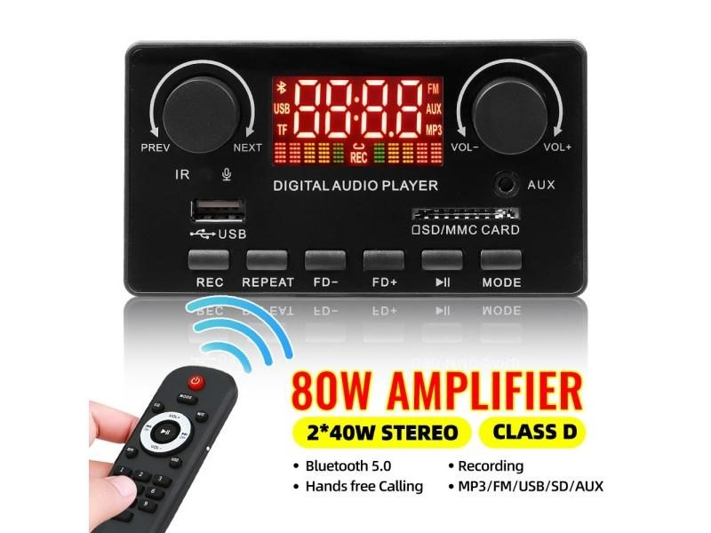 2*40W MP3 WAV Decoder Board Bluetooth 5.0 80W Amplifier Support USB TF FM Radio Carousel 2